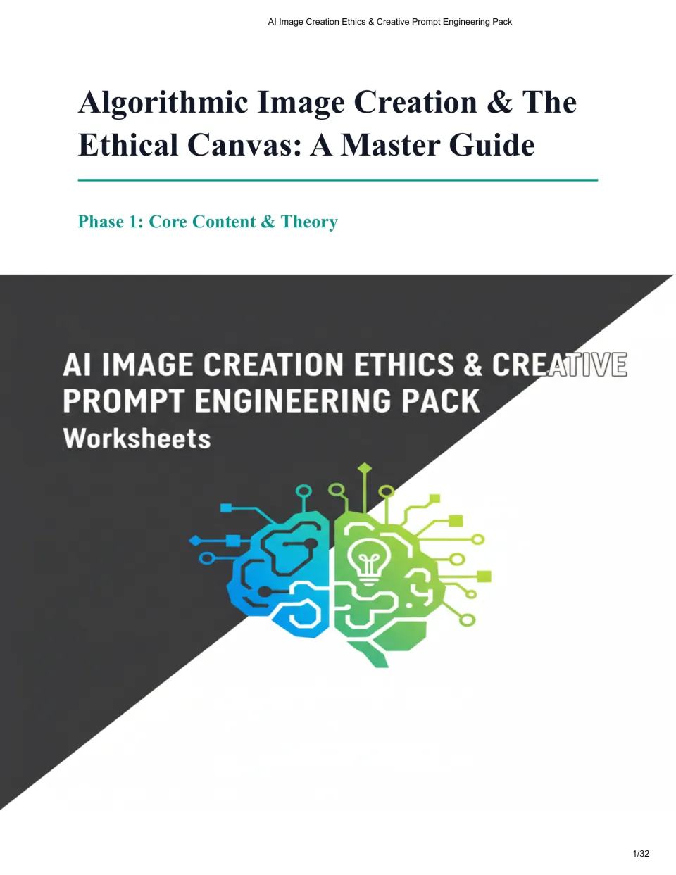 Cover of the AI image creation workbook introducing the master guide and Phase 1: Core Content & Theory