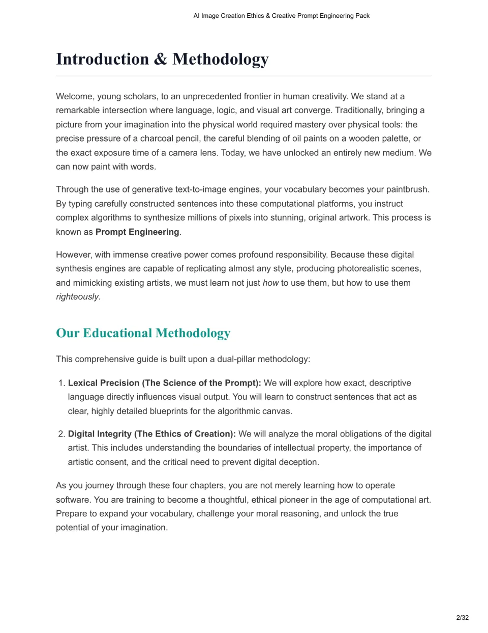 Workbook introduction explaining prompt engineering and two learning pillars: lexical precision and digital integrity
