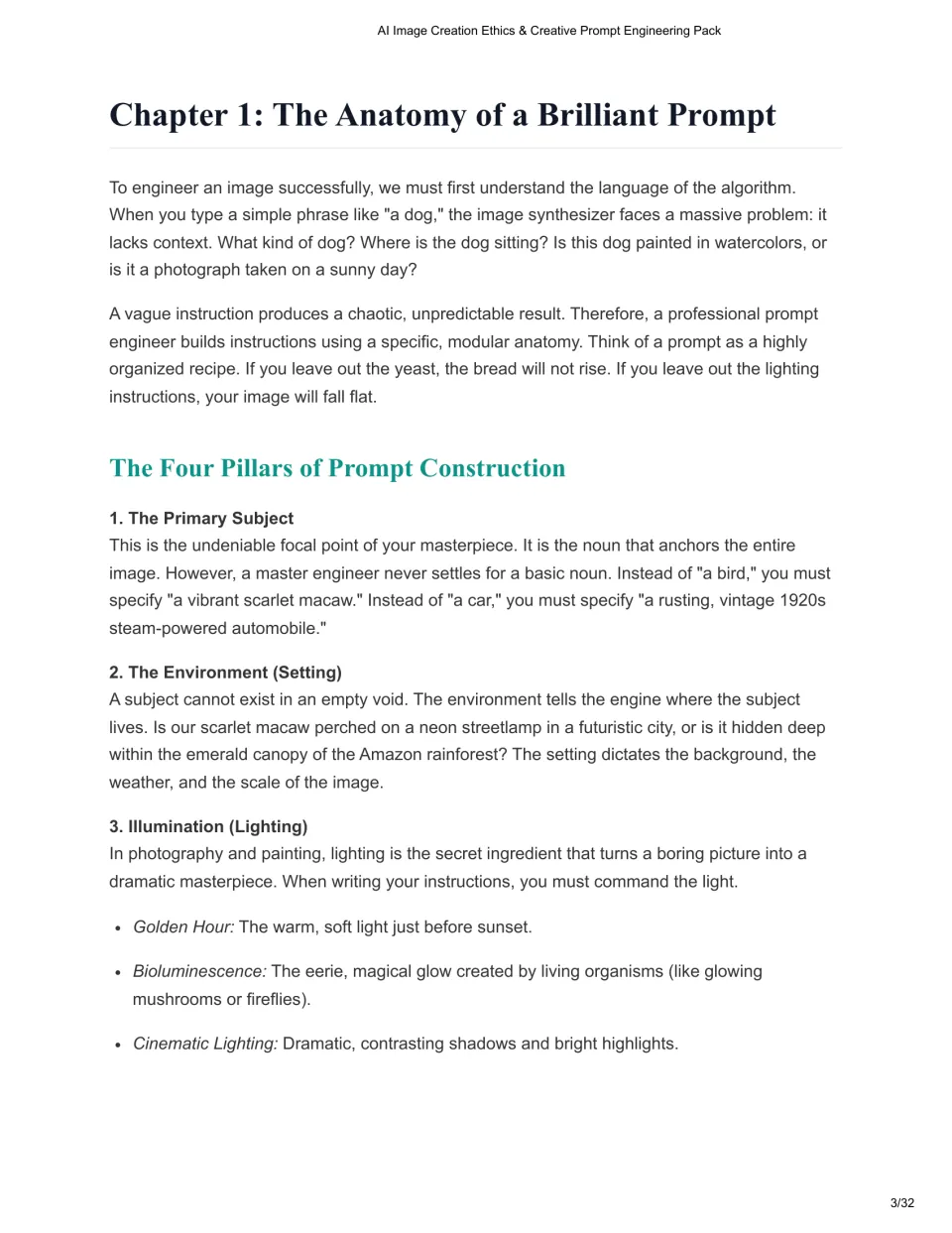 Chapter 1 lesson introduces prompt construction through the primary subject, environment, and lighting