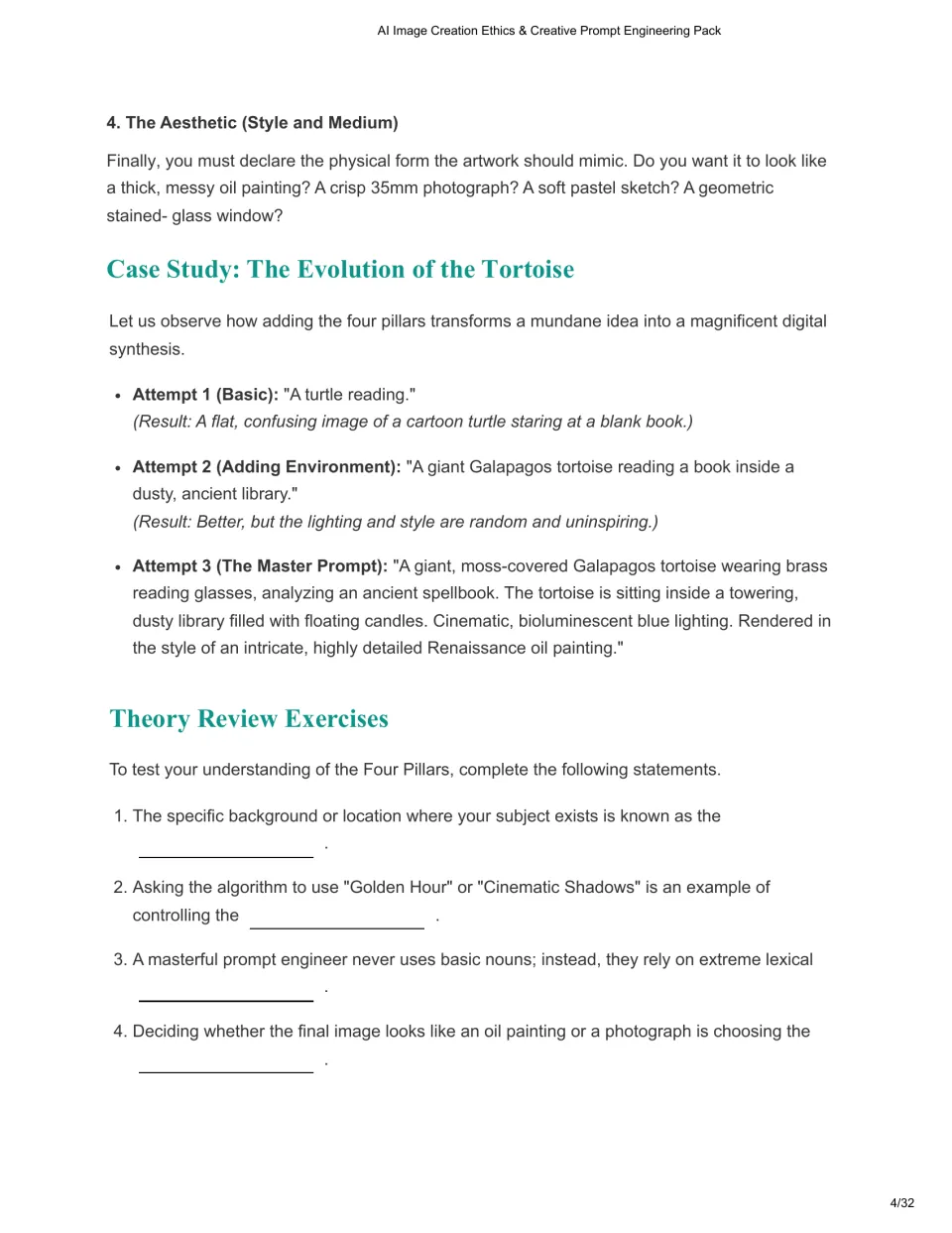 Chapter 1 continues with style and medium, three tortoise prompt examples, and four theory review questions