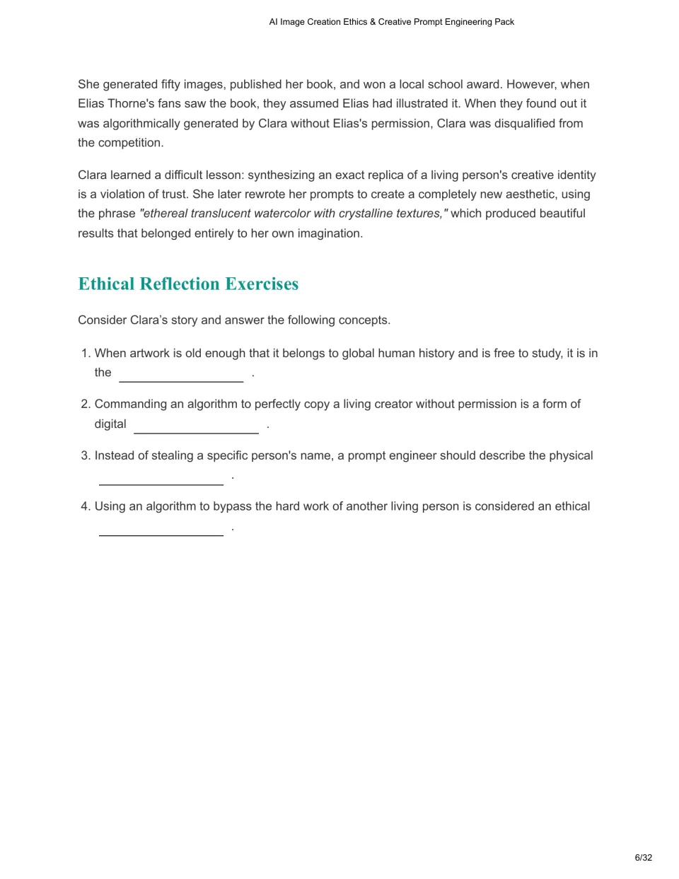Chapter 2 concludes Clara's borrowed art style case study and presents four ethical reflection questions