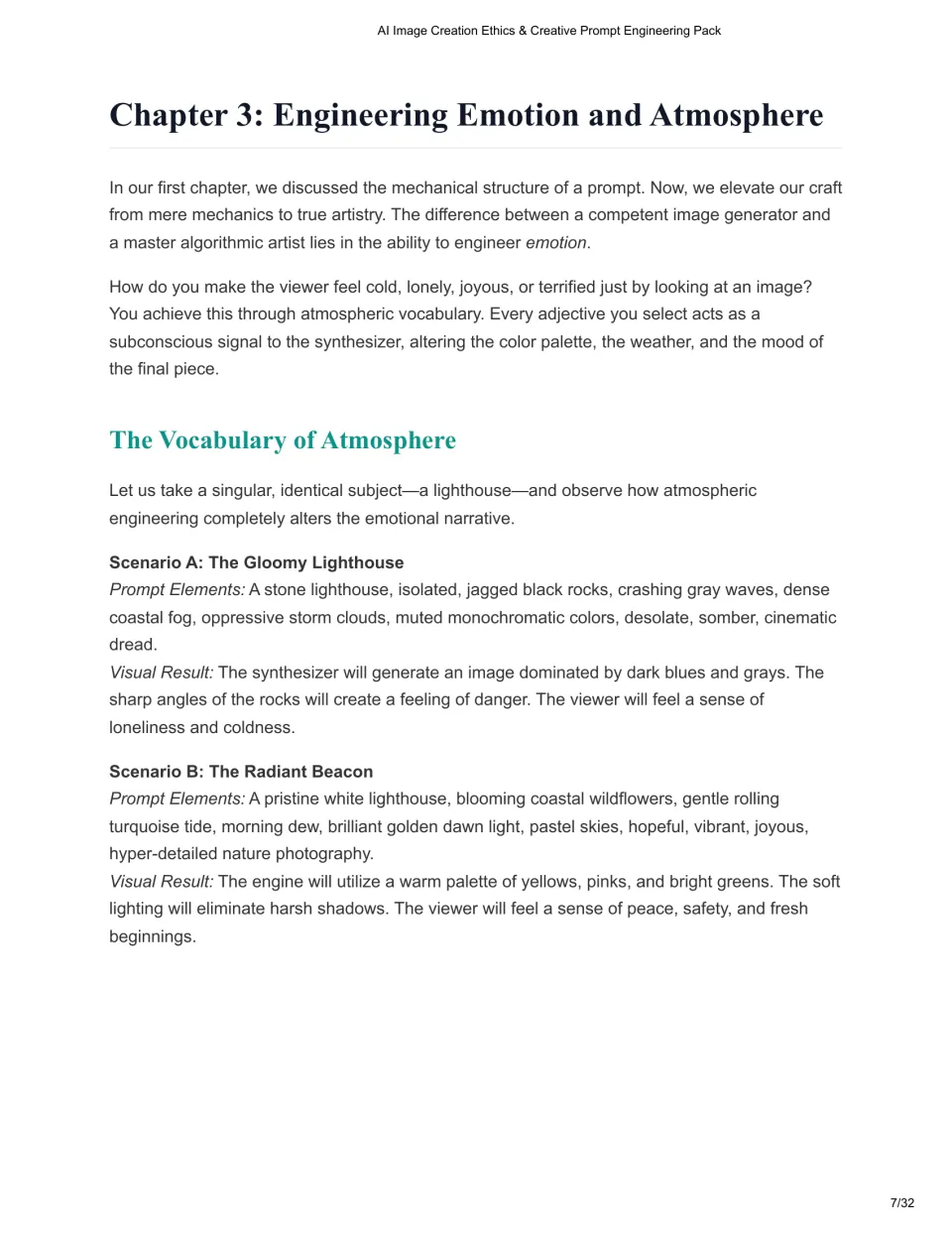Chapter 3 lesson compares gloomy and radiant lighthouse prompts to explore atmosphere, color, and emotion