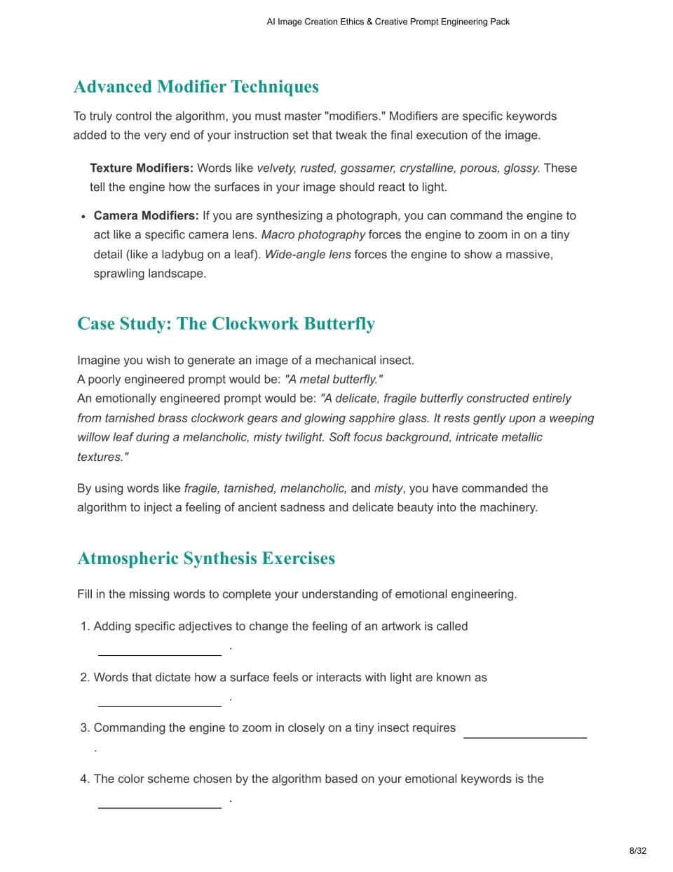 Chapter 3 covers texture and camera modifiers, a clockwork butterfly prompt, and four atmosphere exercises
