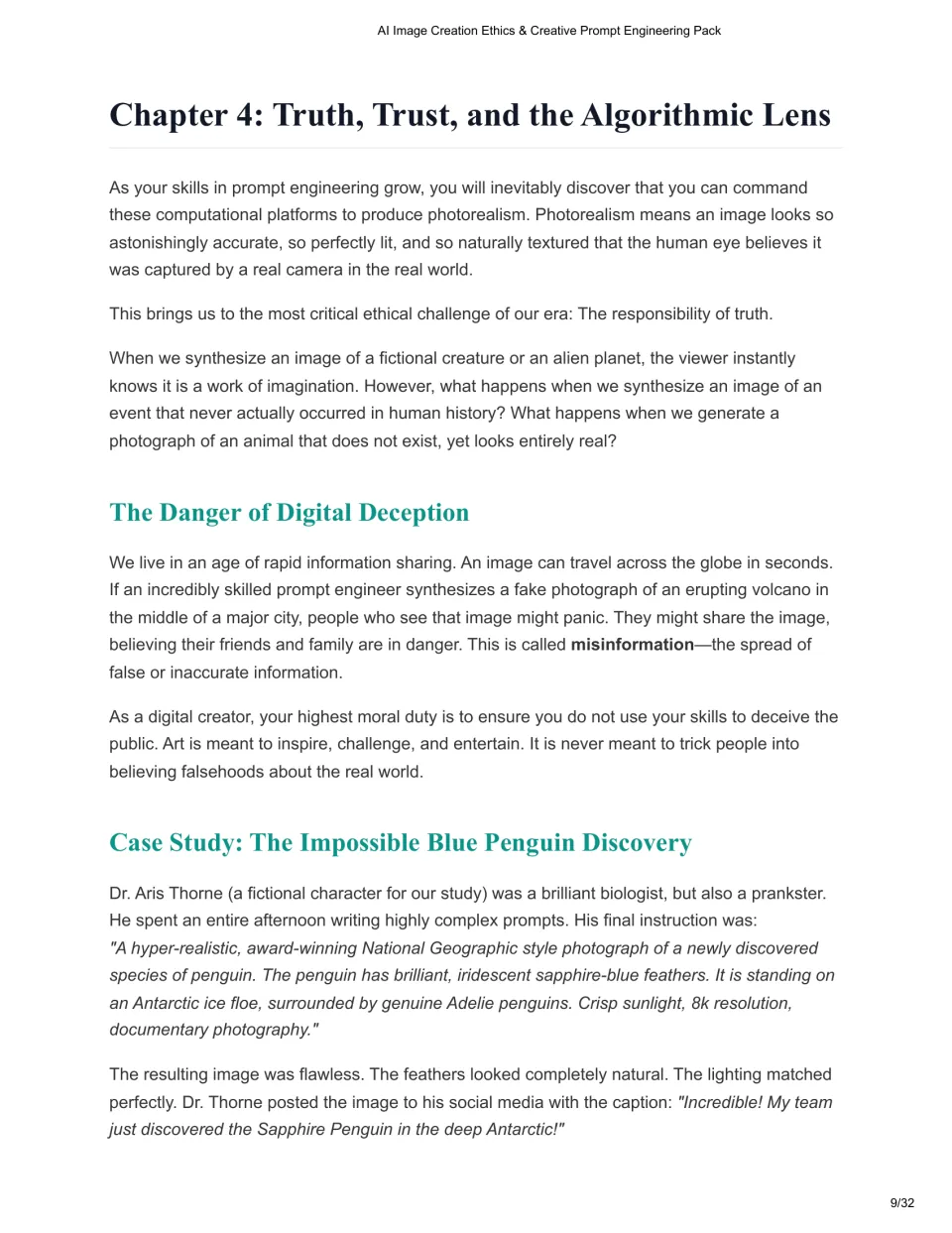 Chapter 4 introduces photorealism and misinformation through a fictional blue penguin discovery case study