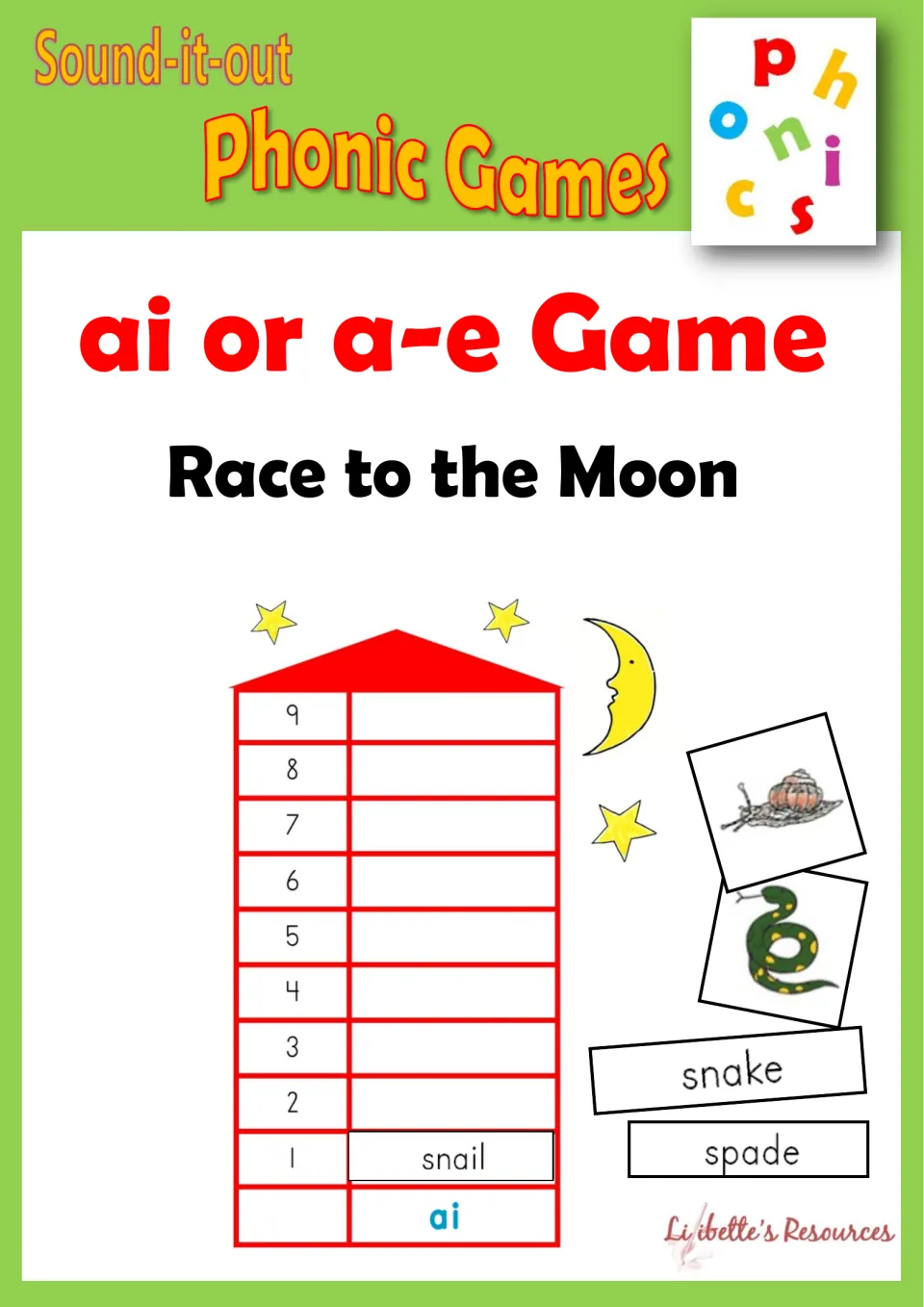 Race to the Moon cover for an ai or a-e phonics game, showing a rocket board with snail placed and snake and spade cards