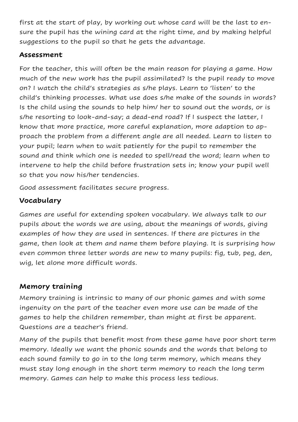 Teacher notes on assessment while pupils play, naming pictures to build vocabulary, and using games for memory training