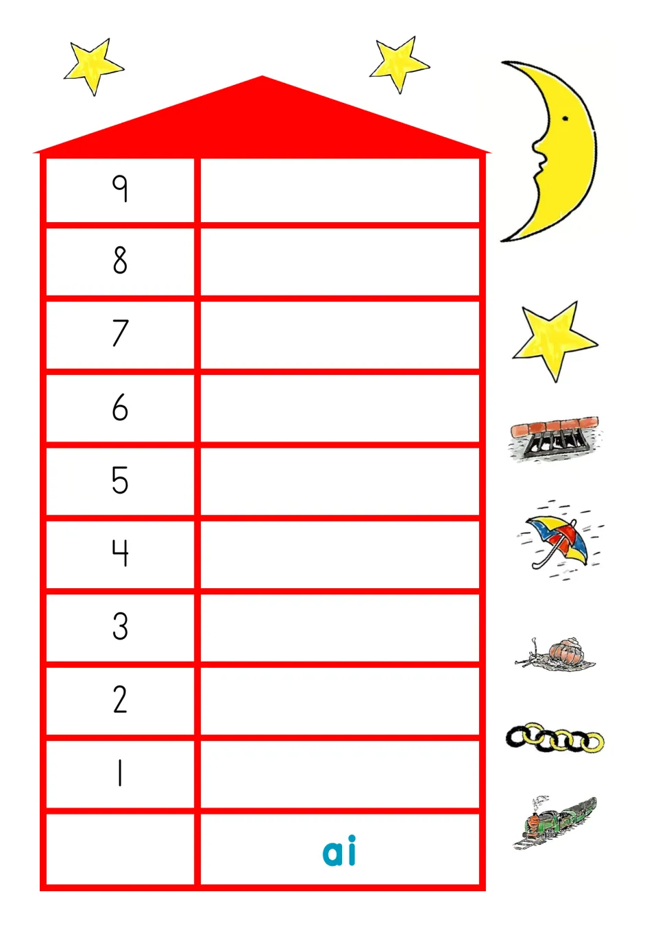ai rocket base board numbered 1 to 9 with a moon, stars and pictures of a drain, rain, snail, chain and train beside it