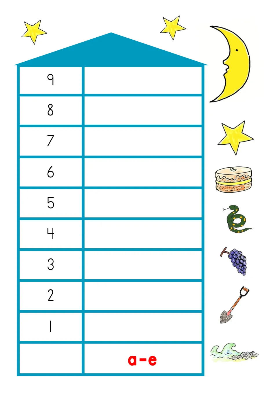 a-e rocket base board numbered 1 to 9 with a moon, stars and pictures of a cake, snake, grapes, spade and wave beside it