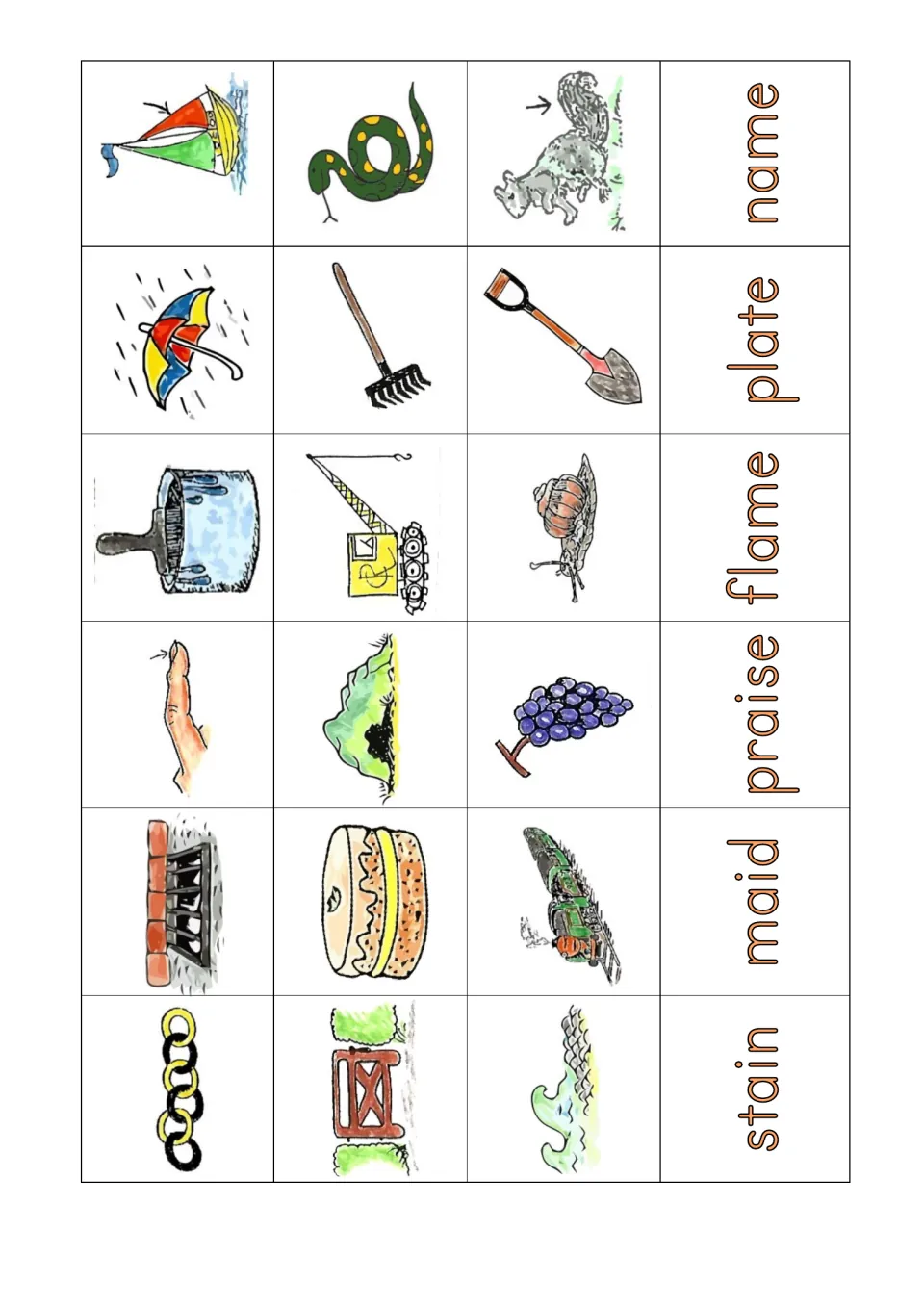 Square cards to cut out: 18 ai and a-e pictures plus the words name, plate, flame, praise, maid and stain