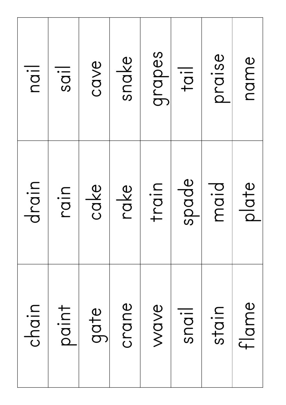 Rectangle word cards to cut out: 24 ai and a-e words including chain, drain, nail, gate, cake, cave, snake and grapes