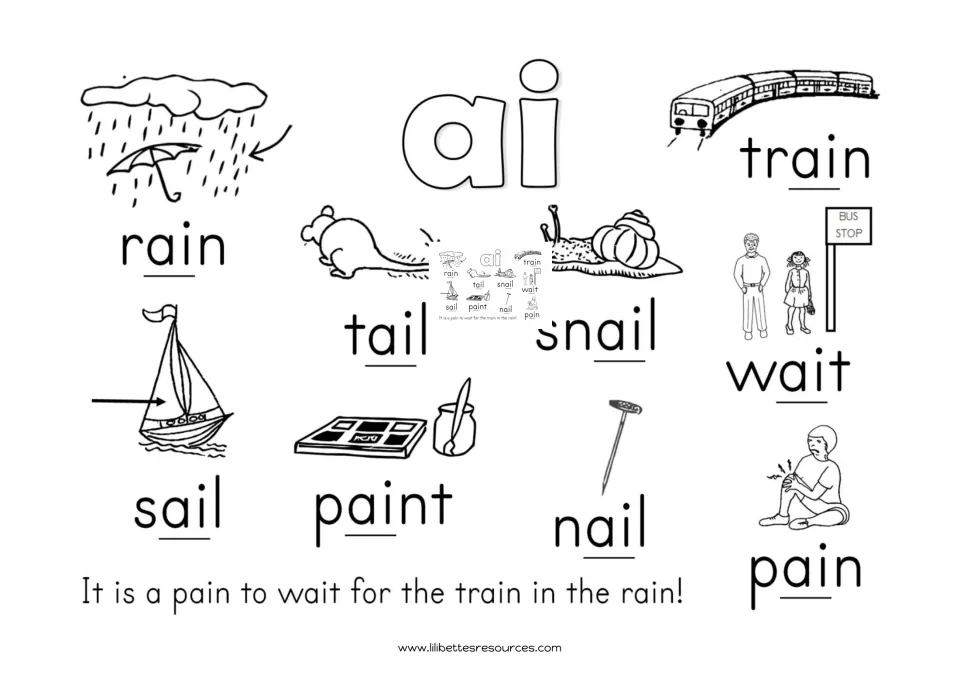Black-and-white ai coloring chart: students color pictures for rain, train, tail, snail, wait, sail, paint, nail and pain