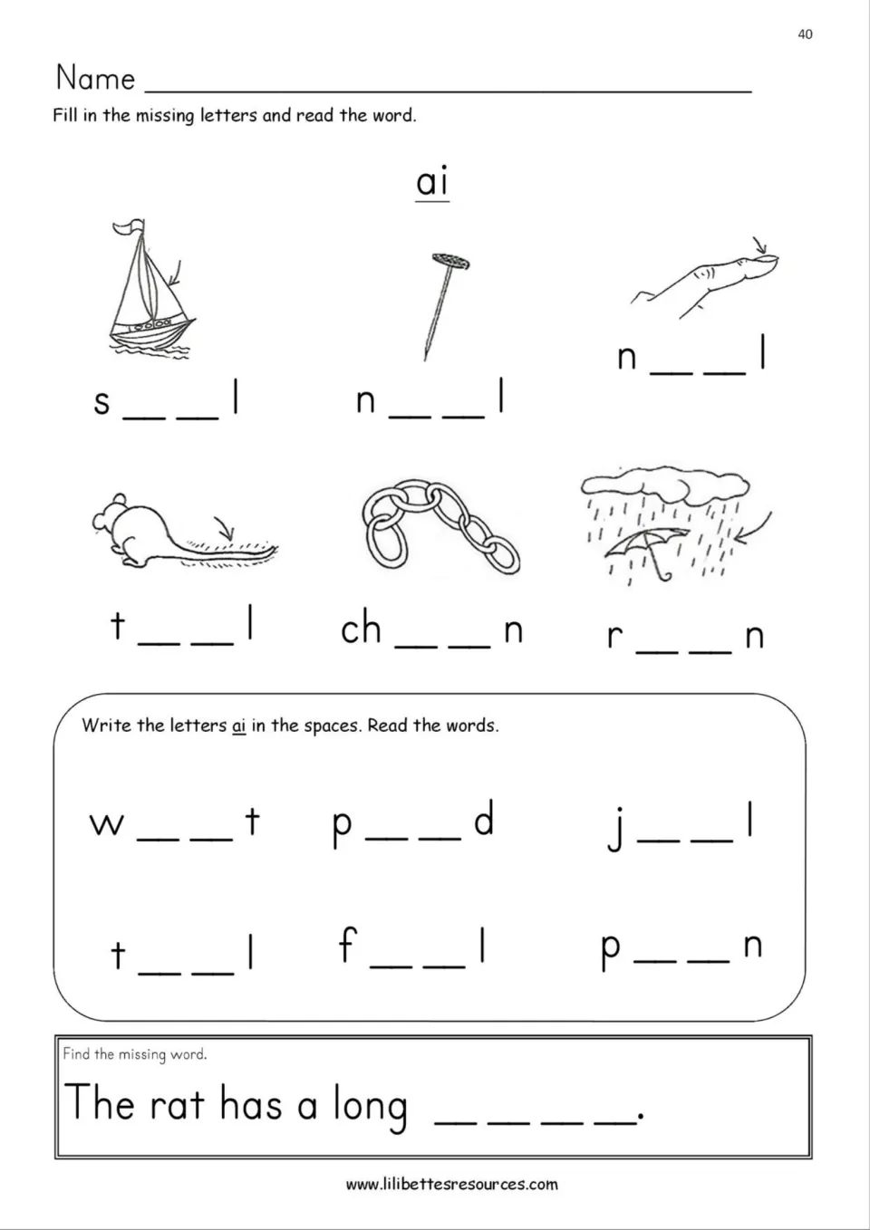 ai vowel team: students fill in missing ai in picture words like sail, nail and rain, then complete a tail sentence