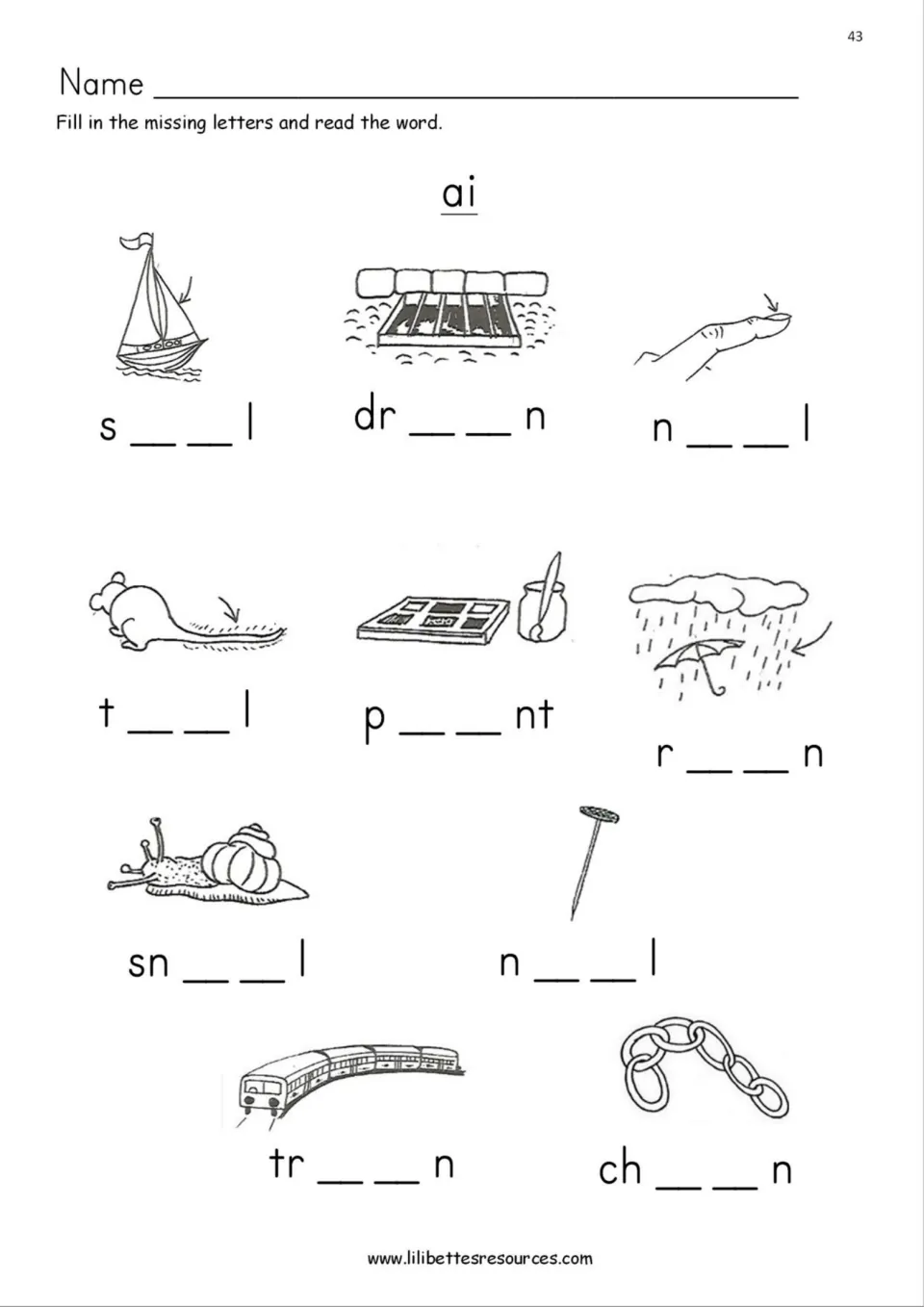 ai word building: students write the missing ai in 10 picture words, including drain, paint, snail, train and chain