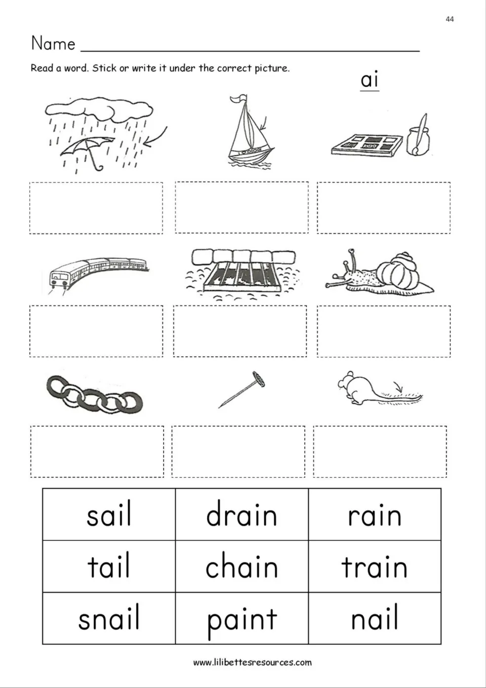 ai picture-word match: students read nine words like sail, drain and snail, then stick or write each under its picture