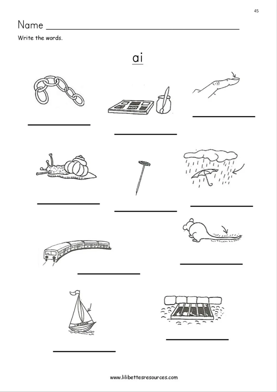 ai spelling from pictures: students write the word for each of 10 images, such as chain, paint, nail, rain and sail