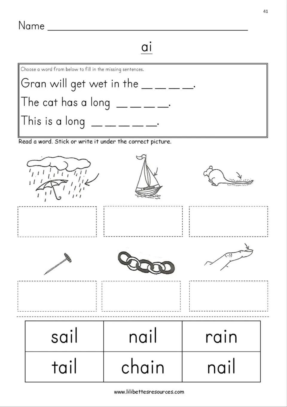 ai sentences and matching: students complete three sentences like 'Gran will get wet in the ___' and label six pictures