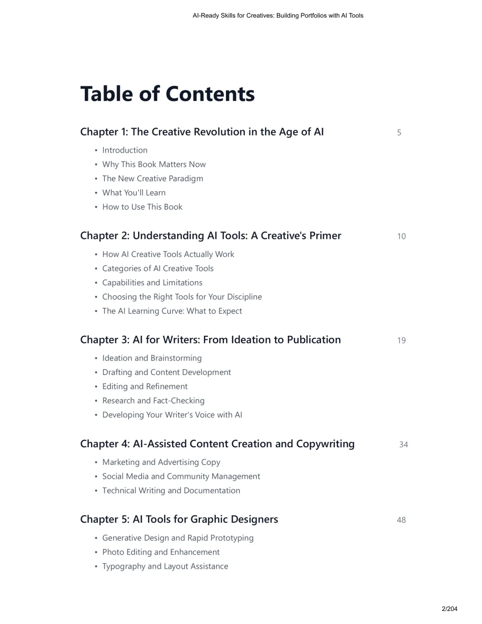 Contents for chapters 1–5: AI foundations, creative tools, writing, copywriting, and graphic design