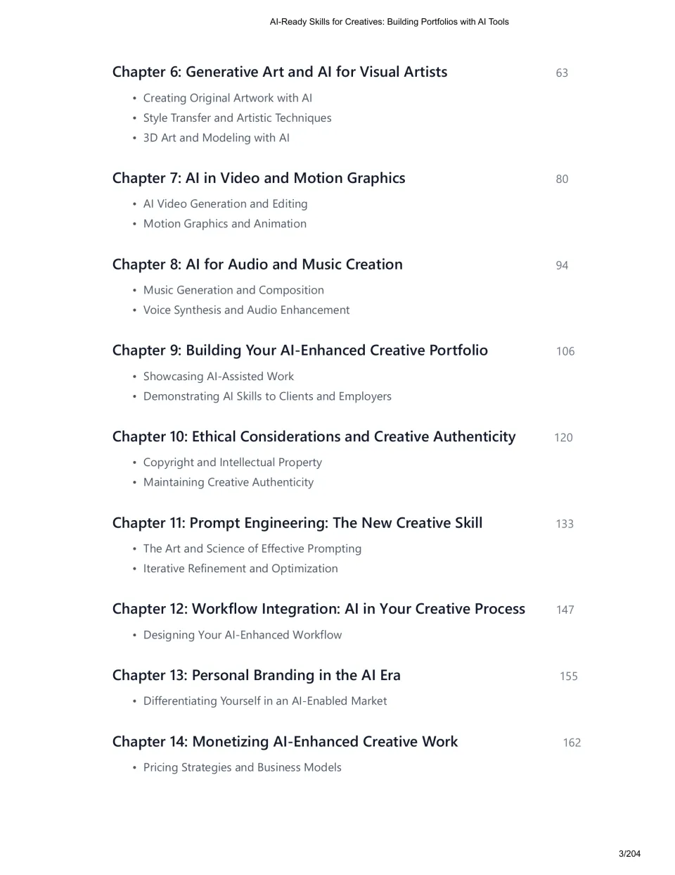 Contents for chapters 6–14: visual art, video, audio, portfolios, ethics, prompting, and three more topics