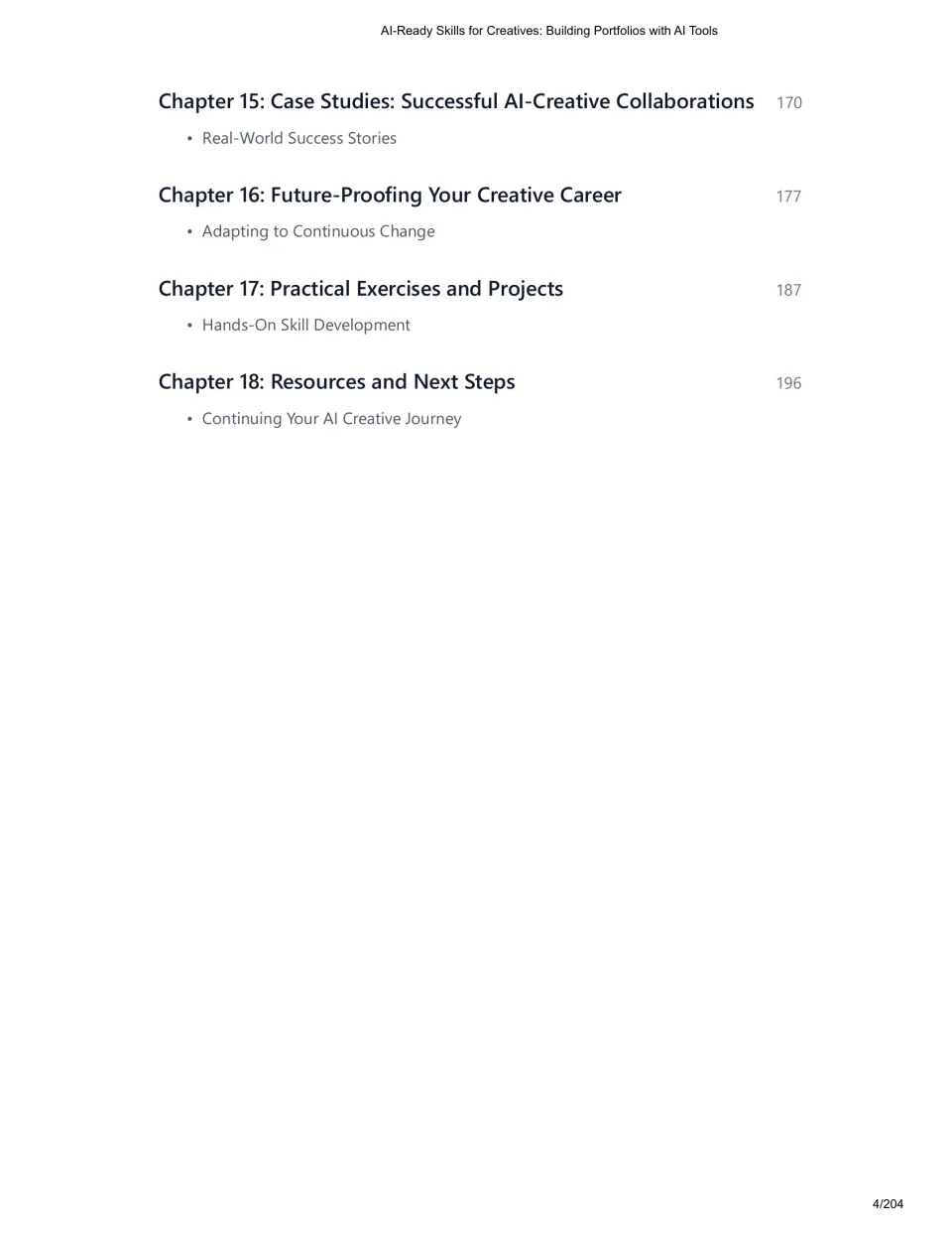 Contents for chapters 15–18: AI collaboration case studies, career adaptation, exercises, and resources