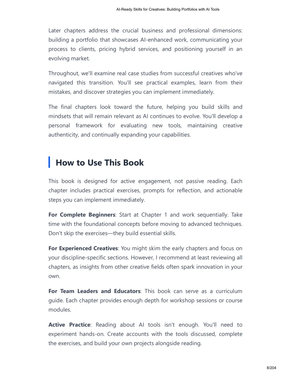 Chapter 1 reading guidance for beginners, experienced creatives, team leaders, and educators, plus practice
