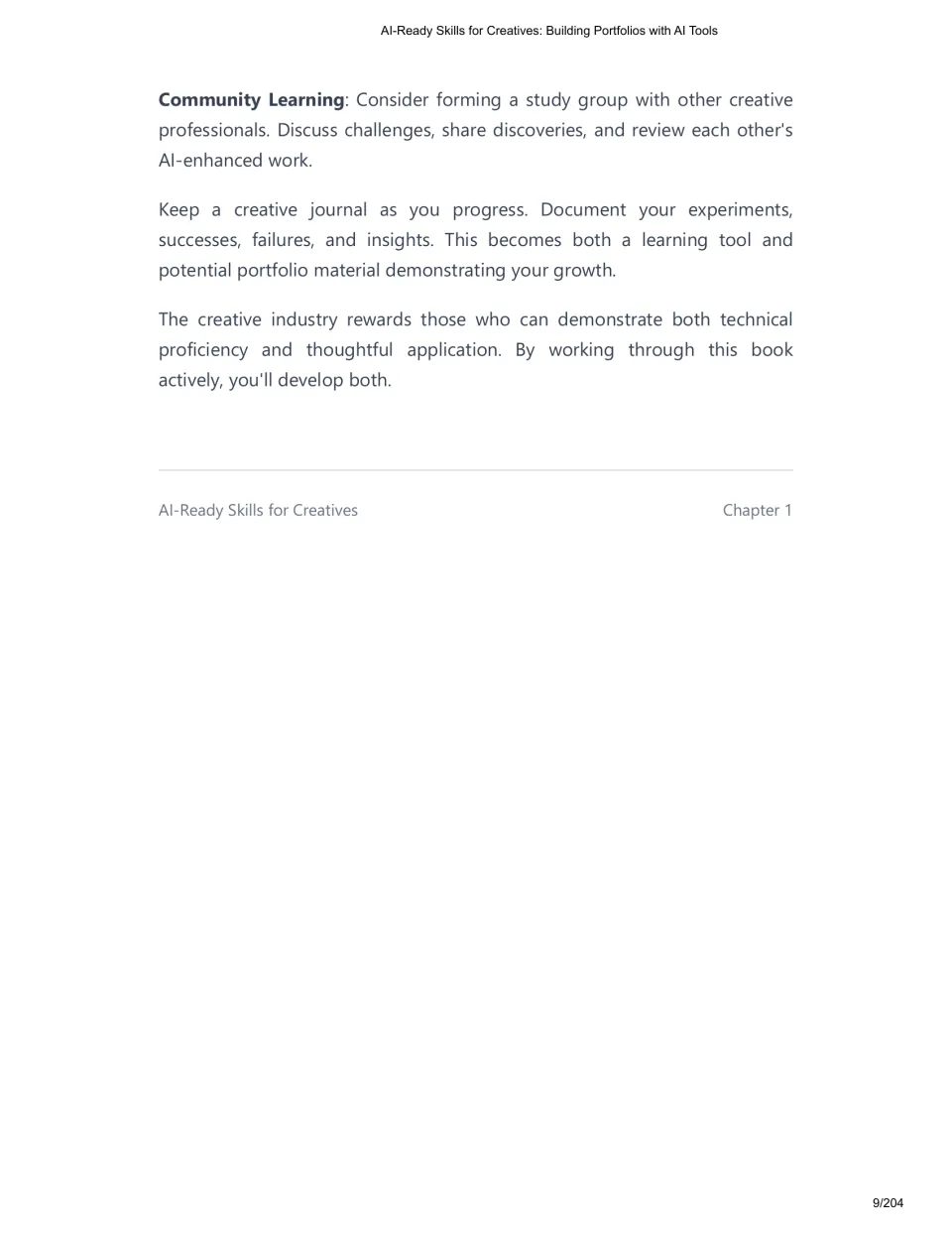 Chapter 1 concludes with community learning, peer review, and a creative journal documenting experiments