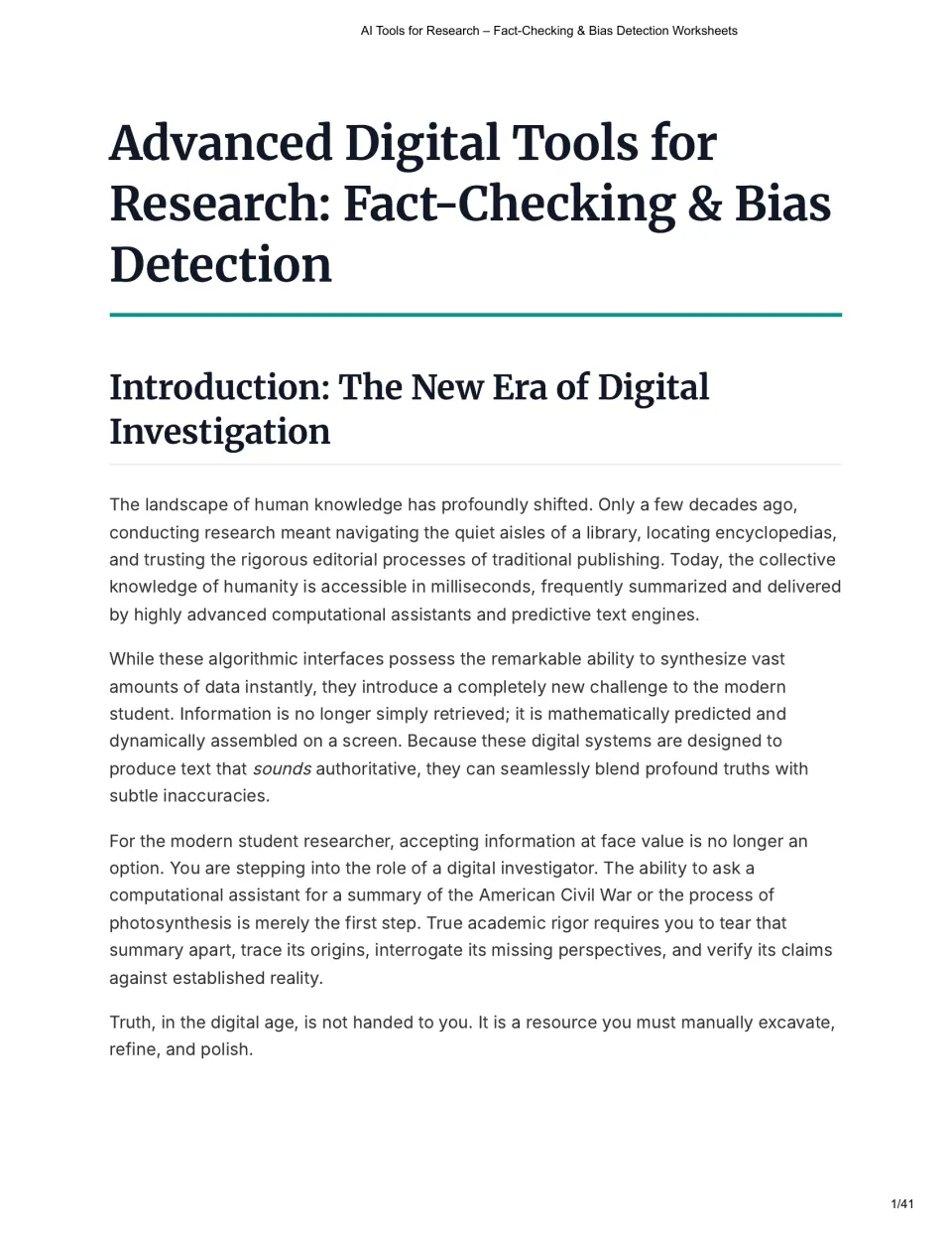 Opening reading introduces digital investigation and the need to verify claims in AI-generated research.