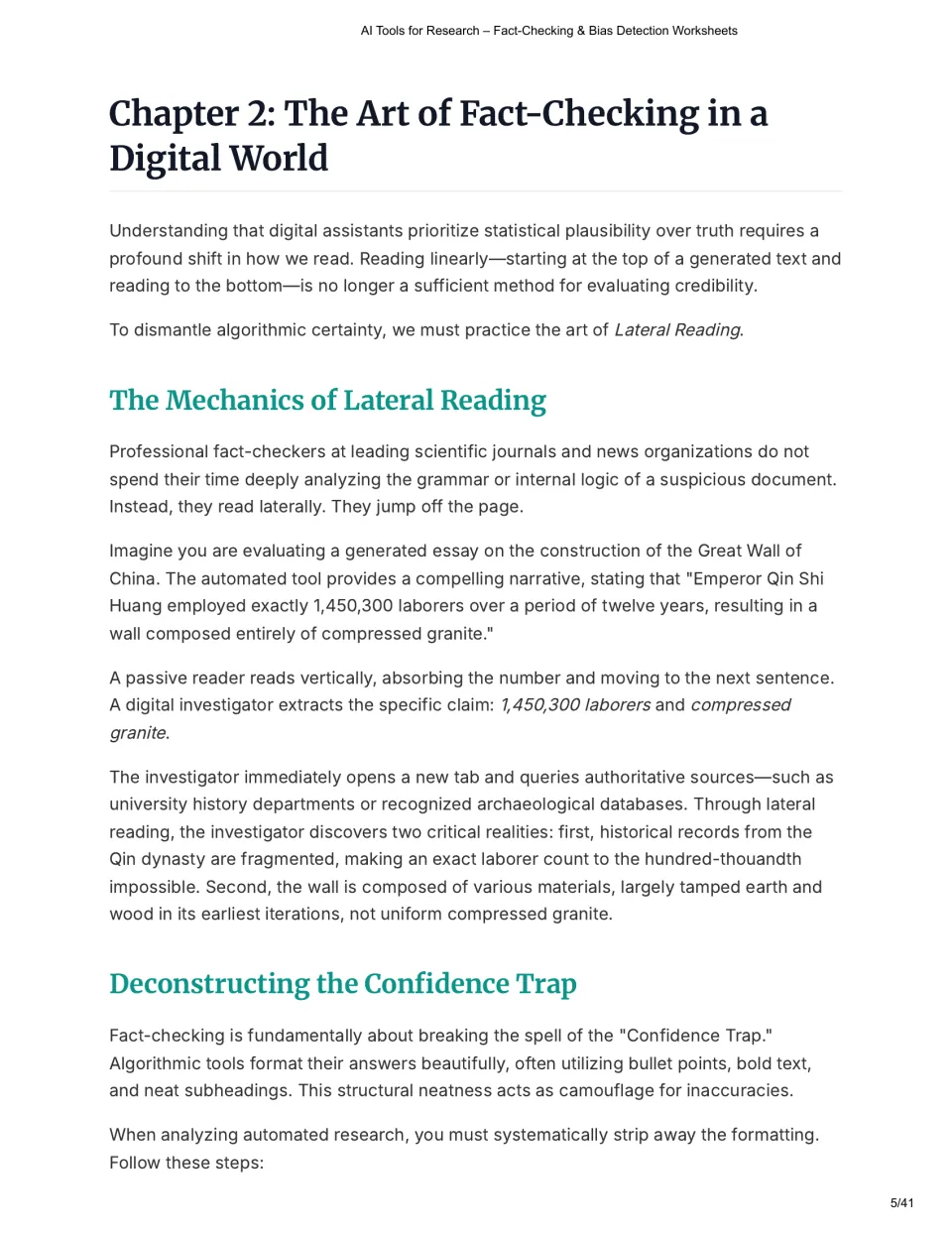 Chapter 2 reading introduces lateral reading through Great Wall claims and explains the confidence trap.