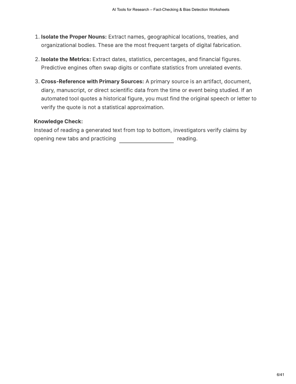 Chapter 2 continuation lists checks for proper nouns, metrics, and primary sources, then tests lateral reading.
