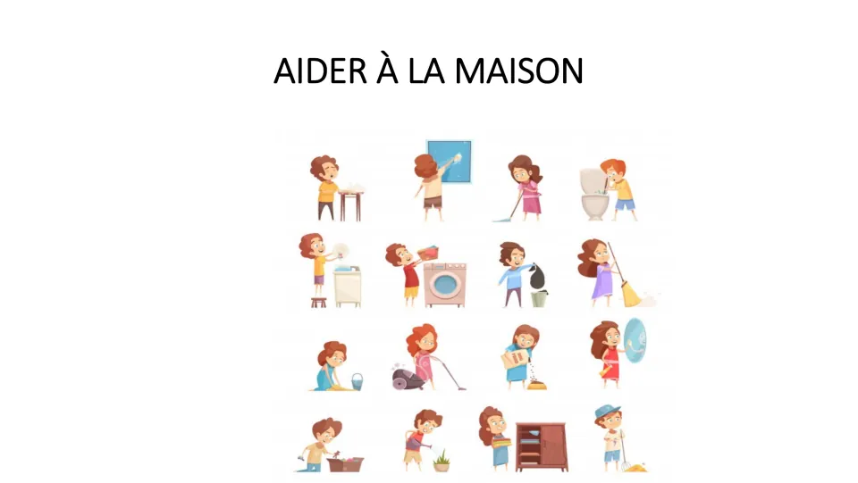 Aider à la maison (Help at home) cover slide showing cartoon children doing chores such as vacuuming and sweeping