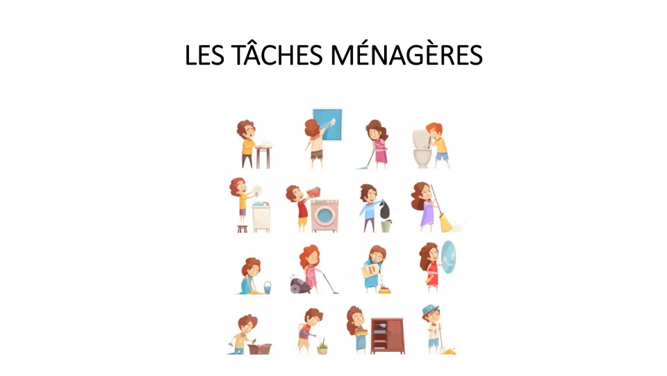 Les tâches ménagères (household chores) topic slide with 16 cartoon children each doing a different chore