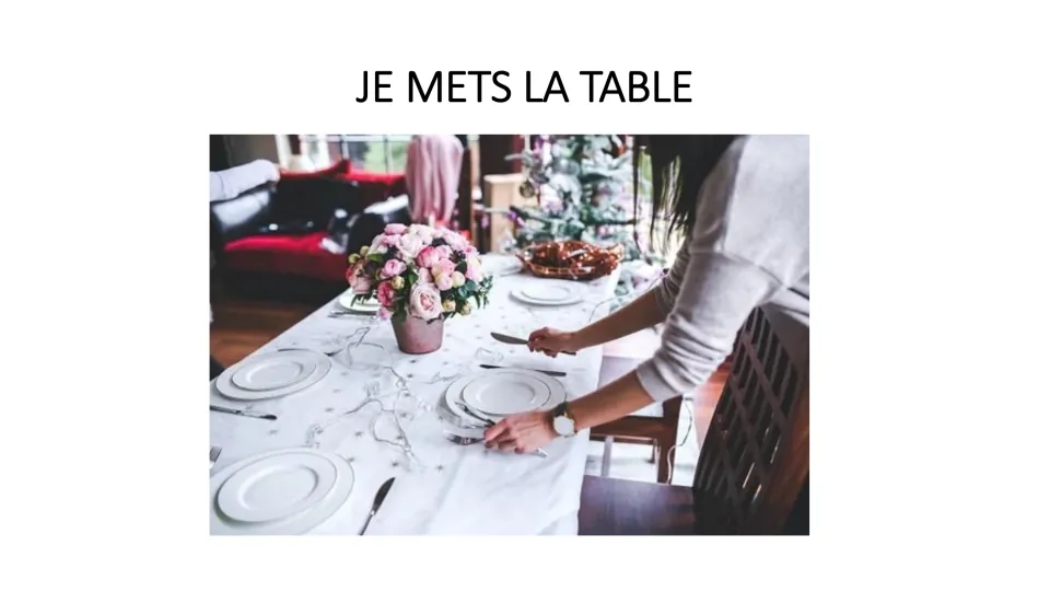 Chore phrase 'Je mets la table' (I set the table) with a photo of a woman placing cutlery by white plates