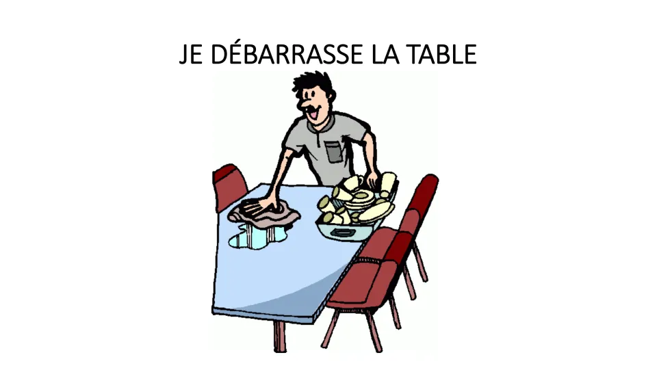 Chore phrase 'Je débarrasse la table' (I clear the table) with a cartoon man wiping a table beside stacked dishes