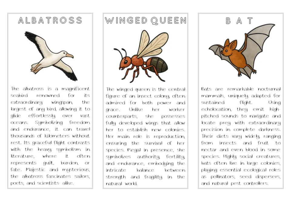 Air animal reading cards for albatross, winged queen, and bat, each with a color illustration and description