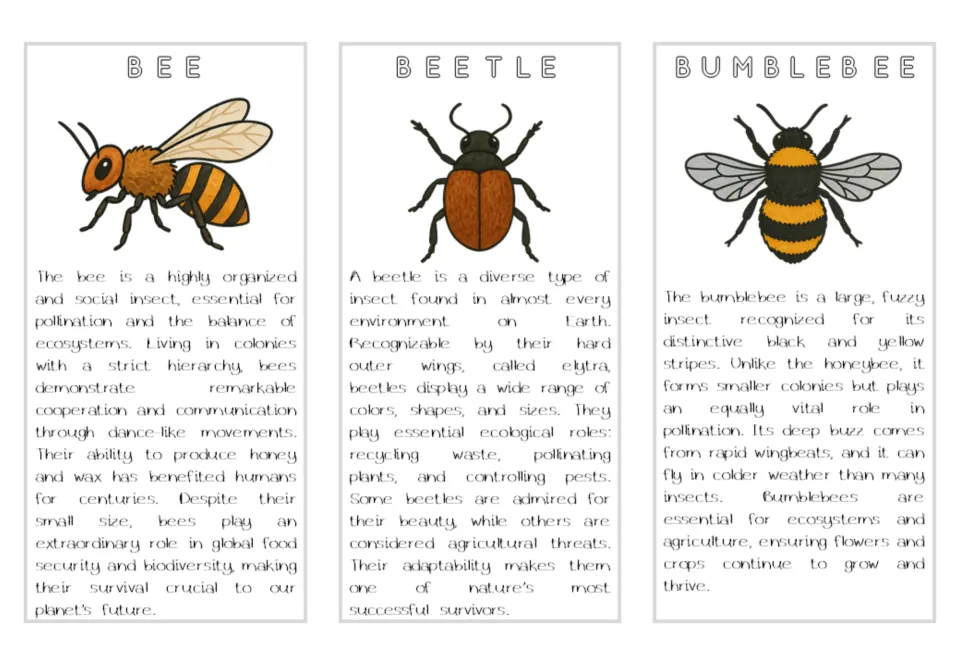 Air animal reading cards for bee, beetle, and bumblebee, with color illustrations and ecological facts