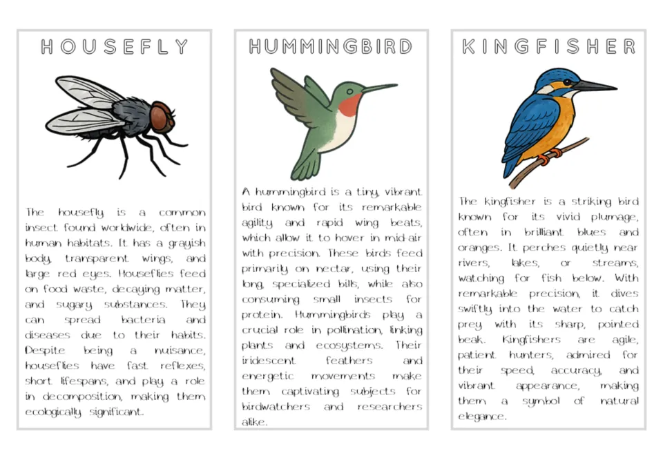 Air animal reading cards for housefly, hummingbird, and kingfisher, with color illustrations and diet facts