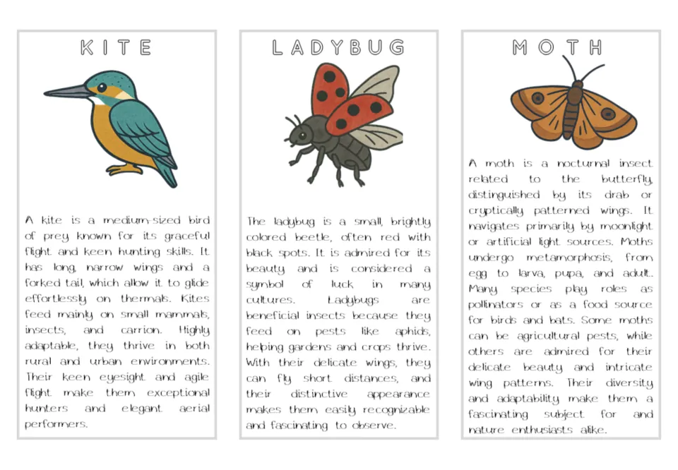 Air animal reading cards labeled kite, ladybug, and moth, each with a color illustration and description