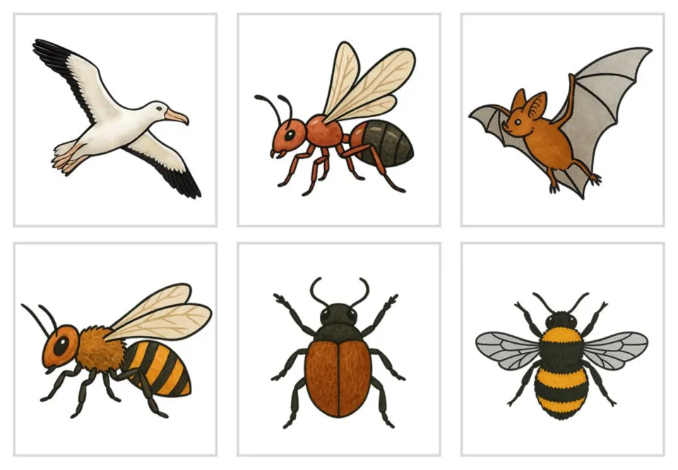 Colour picture cards of flying animals: an albatross, winged ant, bat, beetle, bumblebee and a second bee, unlabeled