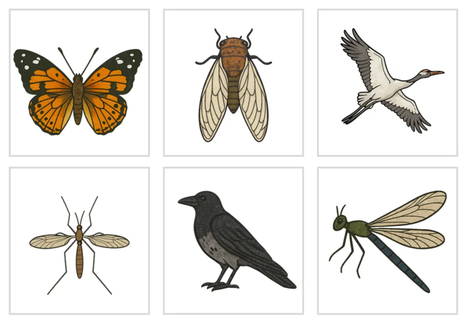 Colour picture cards: butterfly, cicada, crane in flight, crane fly, crow and damselfly, six unlabeled images to name