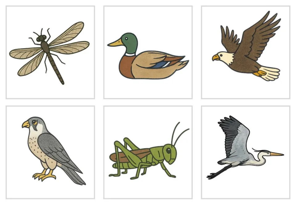 Flying animal cards in colour: dragonfly, mallard duck, eagle, falcon, grasshopper and a heron in flight, all unlabeled