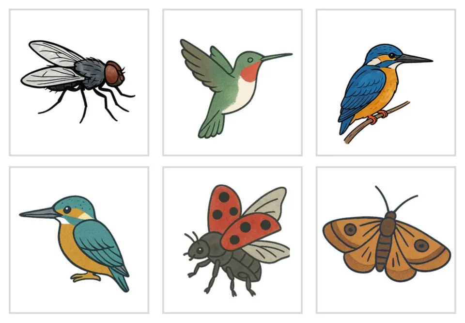 Colour cards of a housefly, hummingbird, two kingfisher-style birds, a ladybug in flight and a brown moth, with no labels