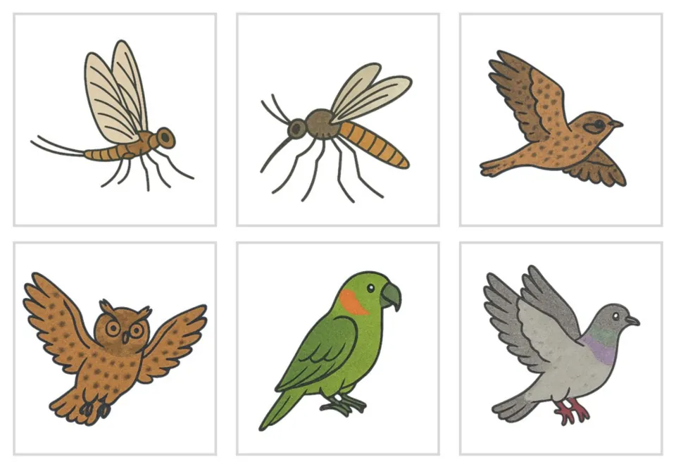 Picture cards in colour: mayfly, mosquito, a small brown songbird, owl with wings spread, green parrot and grey pigeon