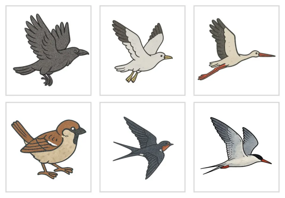 Bird picture cards in colour: raven, seagull, stork, sparrow, swallow and tern, each shown without a word label