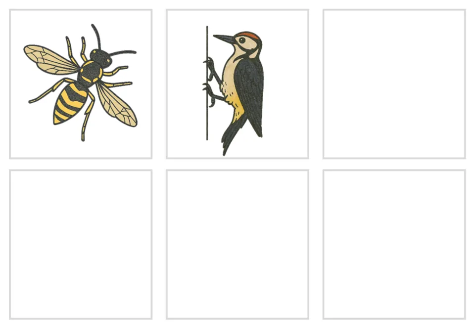 Final colour cards: a wasp and a woodpecker gripping a tree trunk, followed by four empty card spaces on the sheet