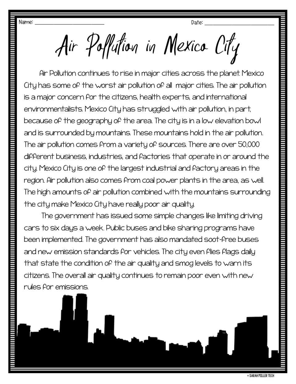 Reading passage on Mexico City smog: mountains trap pollution from 50,000 industries; driving limits and soot-free buses
