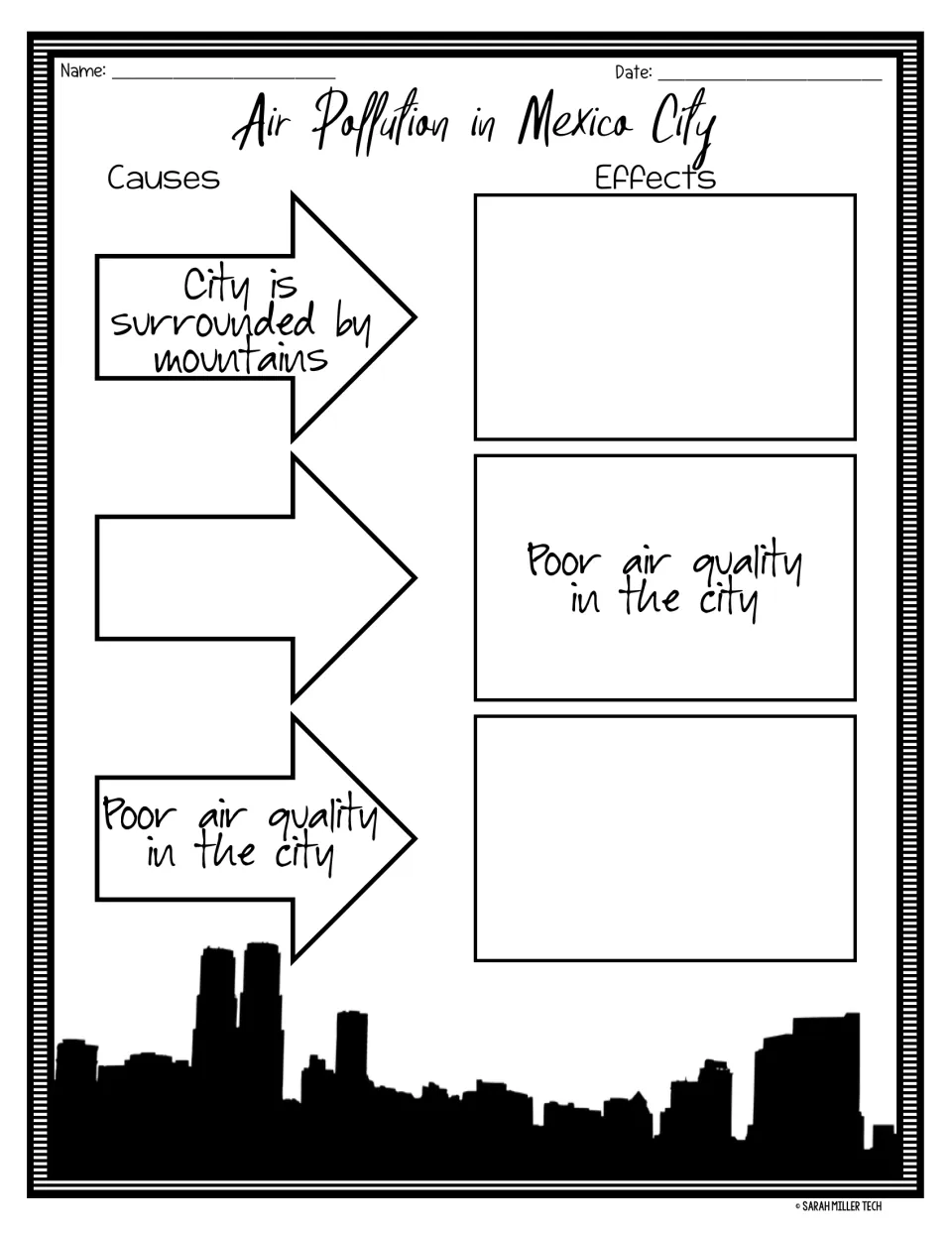 Cause and effect organizer: students fill in missing causes and effects of Mexico City's poor air quality from the passage