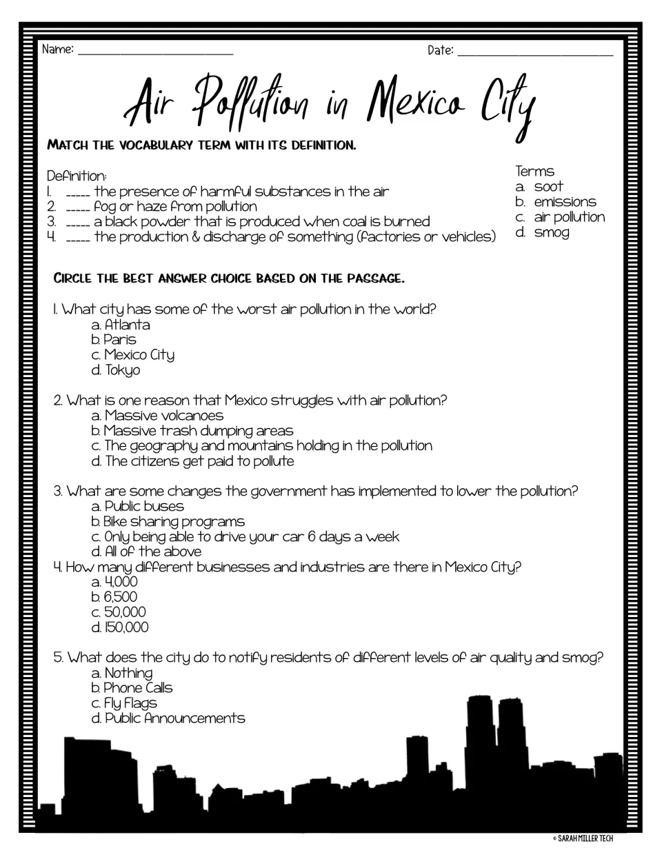 Pollution terms and comprehension: students match soot, emissions, smog and air pollution, then answer 5 passage questions