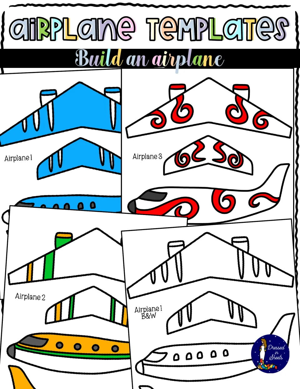 Cover: paper airplane build templates showing blue, green-orange and red-swirl planes plus a black-and-white version