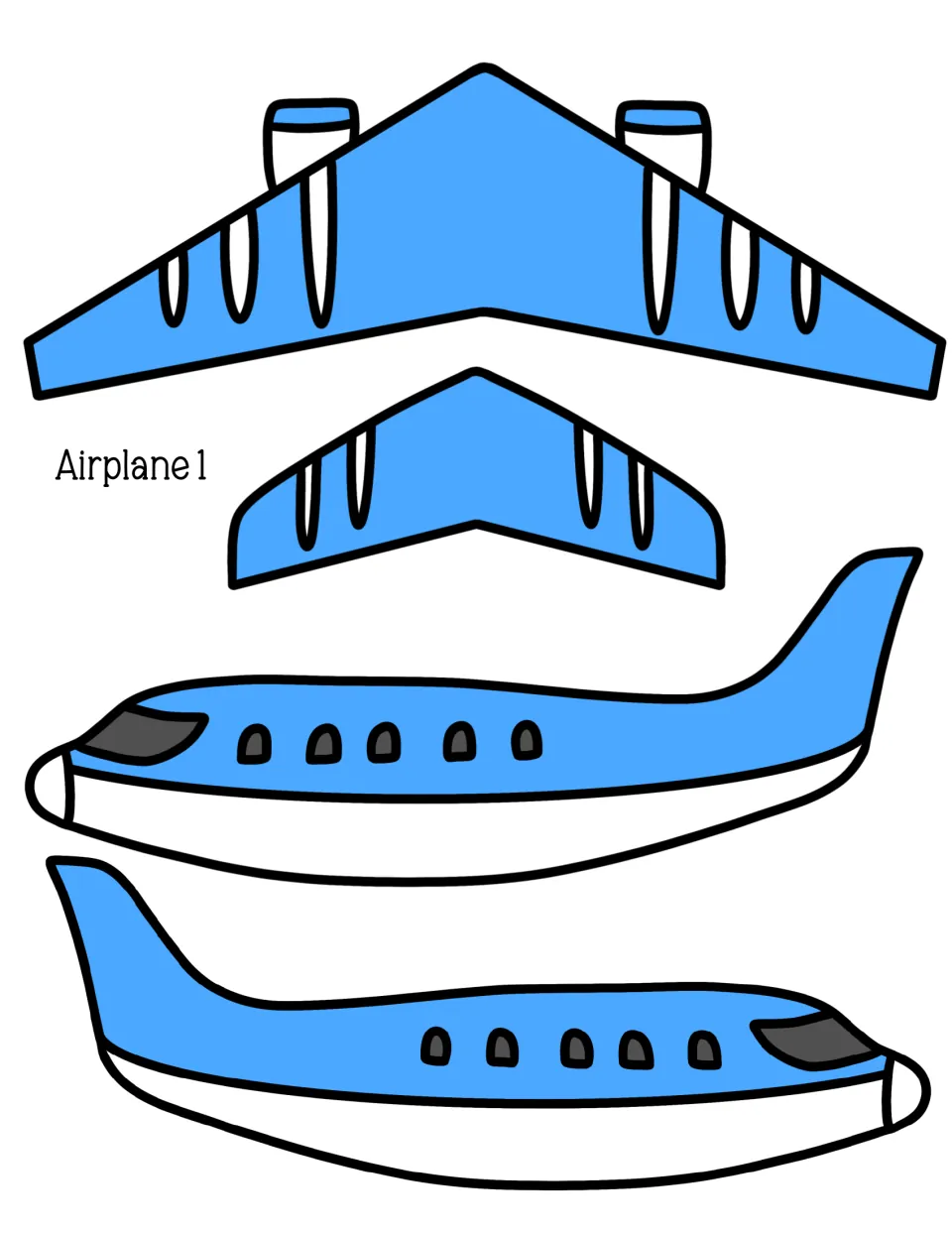 Airplane 1 cut-out template in blue: main wing, tail wing and two mirrored fuselage sides with windows to cut and assemble