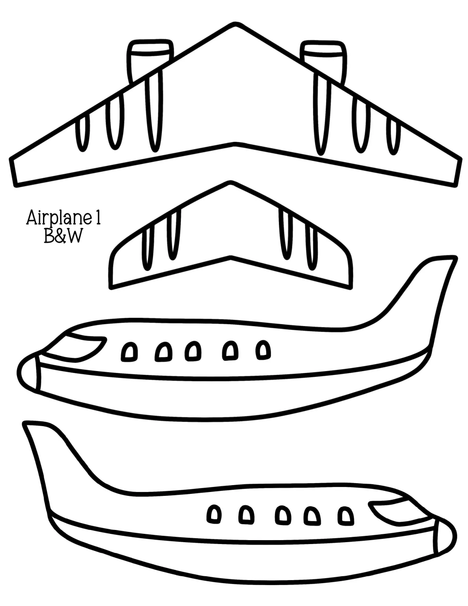 Airplane 1 B&W outline: students colour, cut out and assemble the main wing, tail wing and two fuselage halves of the plane