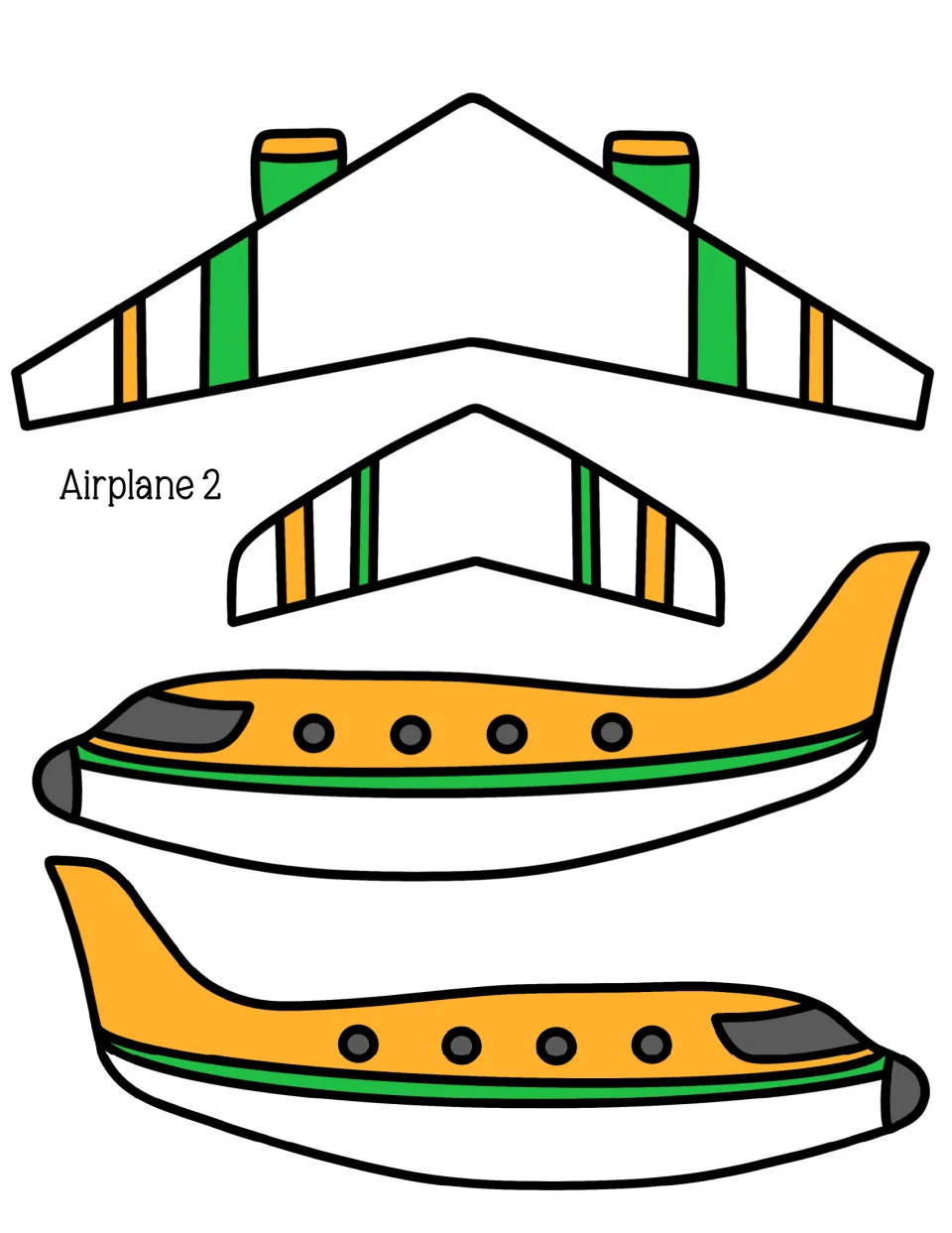 Airplane 2 cut-out template in orange and green: striped wings, tail wing and two fuselage sides with round windows